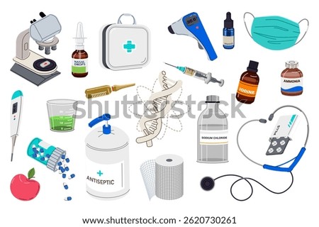Medical tools set in flat graphic design. Collection isolated elements of microscope, nasal, drops, first aid kit, thermometer, vitamins, mask, test cup, ampoule, syringe, other. Vector illustration.