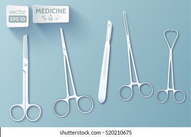 Medical tools set of forceps scalpel scissors clamp on blue background isolated vector illustration