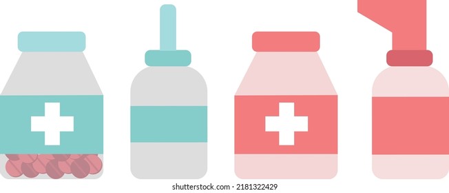 Medical tools set isolated, medical icons. Collection of cans of pills, bottles with label, empty jars, spray, aerosol elements cartoon flat vector illustration. Health care concept, timely treatment