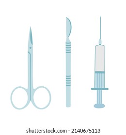 Medical Tools Set, Surgical Equipment , Scalpel, Scissors And Syringe. Vector Illustration For Printing, Backgrounds, Covers, Packaging, Posters And Stickers. Isolated On White Background.