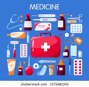 Medical tools set with syringe and amp. Stethoscope and thermometer, sterile instrument. Drug and pill. First aid kit concept. Isolated vector illustration in cartoon style.