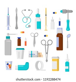 Medical tools set with syringe and scissors. Stethoscope and forceps, sterile instrument. Drug and pill. Healthcare concept. Isolated vector illustration in cartoon style.