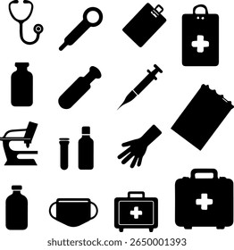 Medical Tools Silhouettes Set 14 Healthcare Equipment Vector Icons