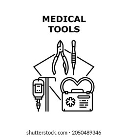 Medical Tools Vector Icon Concept. Doctor Medical Tools For Surgery Operation And Health Treatment. Healthcare Medicine Equipment And Accessory For Patient Therapy And Wellness Black Illustration
