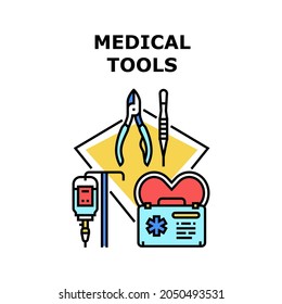 Medizinische Werkzeuge Vektor Symbol Konzept. Ärztliche Instrumente für Operationen und Gesundheitsbehandlung. Medizinische Geräte und Zubehör für die Patiententherapie und für die Wellness-Farbkrankheit