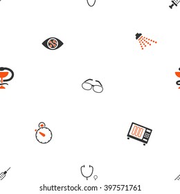 Medical Tools vector repeatable pattern. Style is flat orange and gray icon symbols on a white background.
