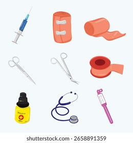 Conjunto de Vector de herramientas médicas, Clipart de equipos médicos, ilustración de suministros hospitalarios, Paquete de herramientas quirúrgicas, iconos de atención médica

