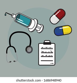 Medical tool(Syringe,pill, Stethoscope,chart). Vector design 