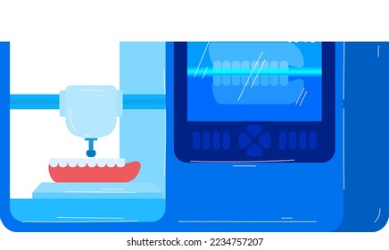 Medical tooth orthodontic instrument, orthodontist machine with lamp vector illustration. Flat jaw for patient, health drill care work.