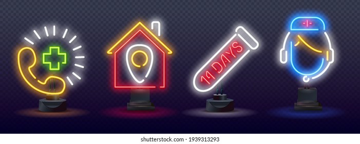 medical topic colorful neon icons set on a brick wall background. collection of neon signs. Set of Covid-19 protection icons in neon style. Coronavirus awareness simple line icon collection.