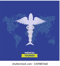 Medical Tourism - Air ambulance on medical background and vector world map