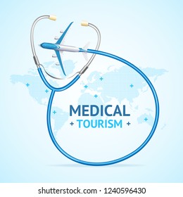 Medical Tourism Concept Banner Card with Realistic 3d Detailed Elements on a Map of Earth. Vector illustration