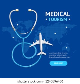 Medical Tourism Concept Banner Card with Realistic 3d Detailed Elements Include of Airplane and Phonendoscope. Vector illustration