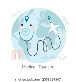 Medical tourism, concept banner. Stethoscope on worldwide with airplane. Patient tourist flying overseas for cheap medical treatment and operation service. flat vector illustration