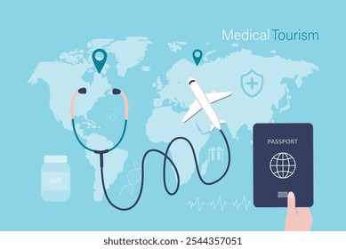 Medical tourism, concept banner. Stethoscope on worldwide with airplane. Patient hand holding passport. tourist flying overseas for cheap medical treatment and operation service. vector illustration