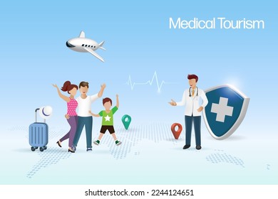 Medical tourism concept, Doctor with medical insurance protection shield, welcoming tourist passenger family flying for treatment service.