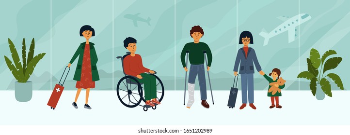 Medical tourism concept. Group of people at airport waiting for flight for treatment abroad. Departure hall, passengers standing in queue. Patients going to hospital. Vector illustration of insurance.