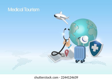 Medical tourism concept. Hand holding stethoscope with medical insurance shield and luggage, symbol of tourist passenger flying for medical treatment service.