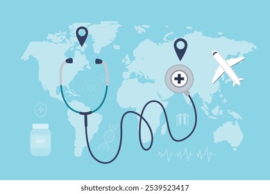 Medical tourism, concept, horizontal banner. Stethoscope on worldwide map with airplane. Patient tourist flying overseas for cheap medical treatment and operation service. flat vector illustration