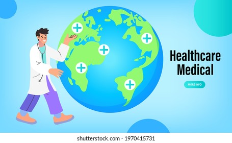 Medical Tourism Concept. online doctor service. insurance metaphor. healthcare and world. health day with globe. Vector Illustration