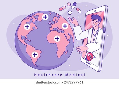 Concepto de turismo médico. servicio médico en línea. metáfora de seguros. salud y mundo. día de la salud con el globo. Profesional doctor en un smartphone dando una consulta en línea. Ilustración vectorial.