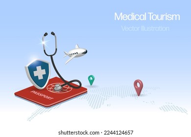 Medical tourism concept. Stethoscope on passport with medical insurance shield and airplane, symbol of tourist passenger flying for medical treatment service.