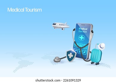 Medical tourism concept. Stethoscope on smartphone with airplane and luggage, symbol of tourist passenger flying for medical treatment and surgery service. 3D vector.