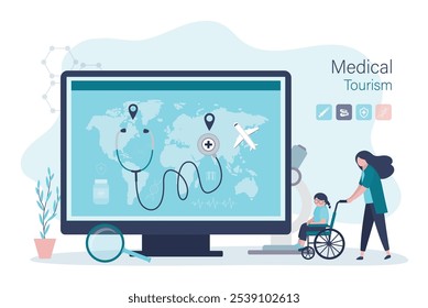 Medical tourism, concept. Stethoscope on worldwide with airplane. Mother with sick daughter planning flights overseas for cheap medical treatment and operation service. flat vector illustration