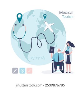 Medical tourism, concept. Stethoscope on worldwide with airplane. Elderly man holding passport. Aged tourist flying overseas for cheap medical treatment and operation service. flat vector illustration