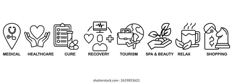 Medical tourism icon set vector illustration concept with icon of medical, healthcare, cure, recovery, tourism, spa, beauty, relax and shopping