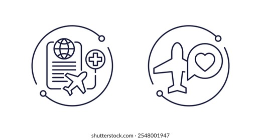 medical tourism icons with a plane, line vector