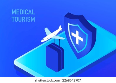 Medical tourism -medical insurance concept, woman in the airport going to travel abroad for medical treatment , medical tourism vector illustration