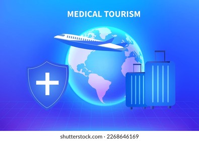 Medical tourism -medical insurance concept, woman in the airport going to travel abroad for medical treatment , medical tourism vector illustration