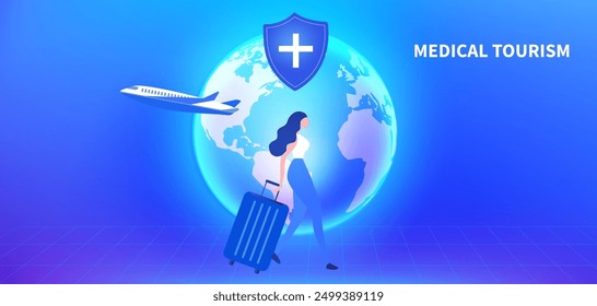 Medical tourism -medical insurance concept, woman in the airport going to travel abroad for medical treatment , medical tourism vector illustration