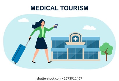 Medical tourism, medical insurance in flat design vector illustration. Young woman departure for the treatment abroad, medical tourism concept.