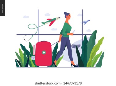 Turismo médico -ilustración de seguro médico- moderno concepto de vector plano ilustración digital -mujer joven en el aeropuerto que va a salir en avión para el tratamiento en el extranjero, metáfora de turismo médico