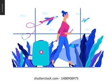 Medical tourism -medical insurance illustration -modern flat vector concept digital illustration -young woman in the airport going to flight departure for the treatment abroad, medical toursm metaphor