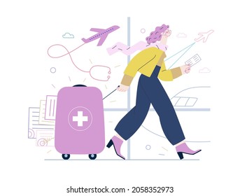 Medical tourism -medical insurance illustration -modern flat vector concept digital illustration -young woman in the airport going to flight departure for the treatment abroad, medical toursm metaphor