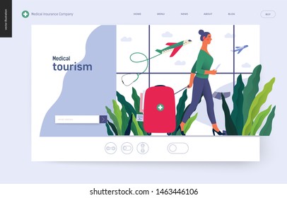 Medical tourism - medical insurance template -modern flat vector concept digital illustration - a young woman in the airport going to flight departure for the treatment abroad, medical toursm metaphor