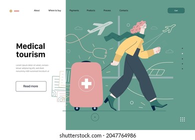 Medical tourism -medical insurance web template -modern flat vector concept digital illustration -young woman in the airport going to flight departure for the treatment abroad, medical toursm metaphor