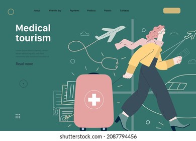 Medical tourism -medical insurance web template -modern flat vector concept digital illustration -young woman in the airport going to flight departure for the treatment abroad, medical toursm metaphor