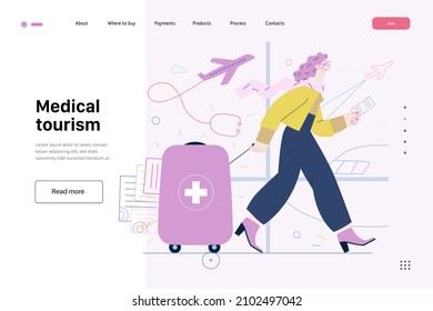 Medical tourism -medical insurance web template -modern flat vector concept digital illustration -young woman in the airport going to flight departure for the treatment abroad, medical toursm metaphor