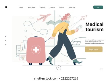 Medical tourism -medical insurance web template -modern flat vector concept digital illustration -young woman in the airport going to flight departure for the treatment abroad, medical toursm metaphor