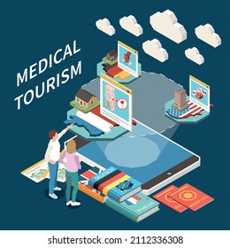 Medical tourism isometric composition with people choosing country 3d dictionaries tickets passports on colored background vector illustration