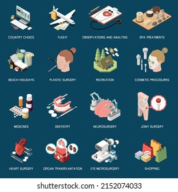 Medical tourism isometric icons set with country choice flights surgery dentistry shopping recreation isolated vector illustration