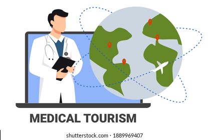 Medical tourism. Online booking of medical services, insurance and doctors abroad. The doctor recommends it. Travel around the world, treatment and recreation. Vector illustration