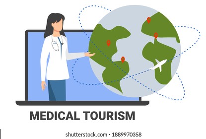 Medical tourism. Online booking of medical services, insurance and doctors abroad. The woman's doctor recommends it. Travel around the world, treatment and recreation. Vector illustration