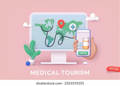 Medical tourism. Organization of medical tourism and treatment all over the world. 3D Web Vector Illustrations.