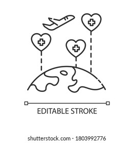 Medical tourism pixel perfect linear icon. International wellness tour. Health improving journey thin line customizable illustration. Contour symbol. Vector isolated outline drawing. Editable stroke