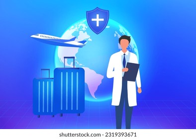 Medical tourism service concept, Doctor with medical insurance protection shield, welcome tourist passenger from global network.